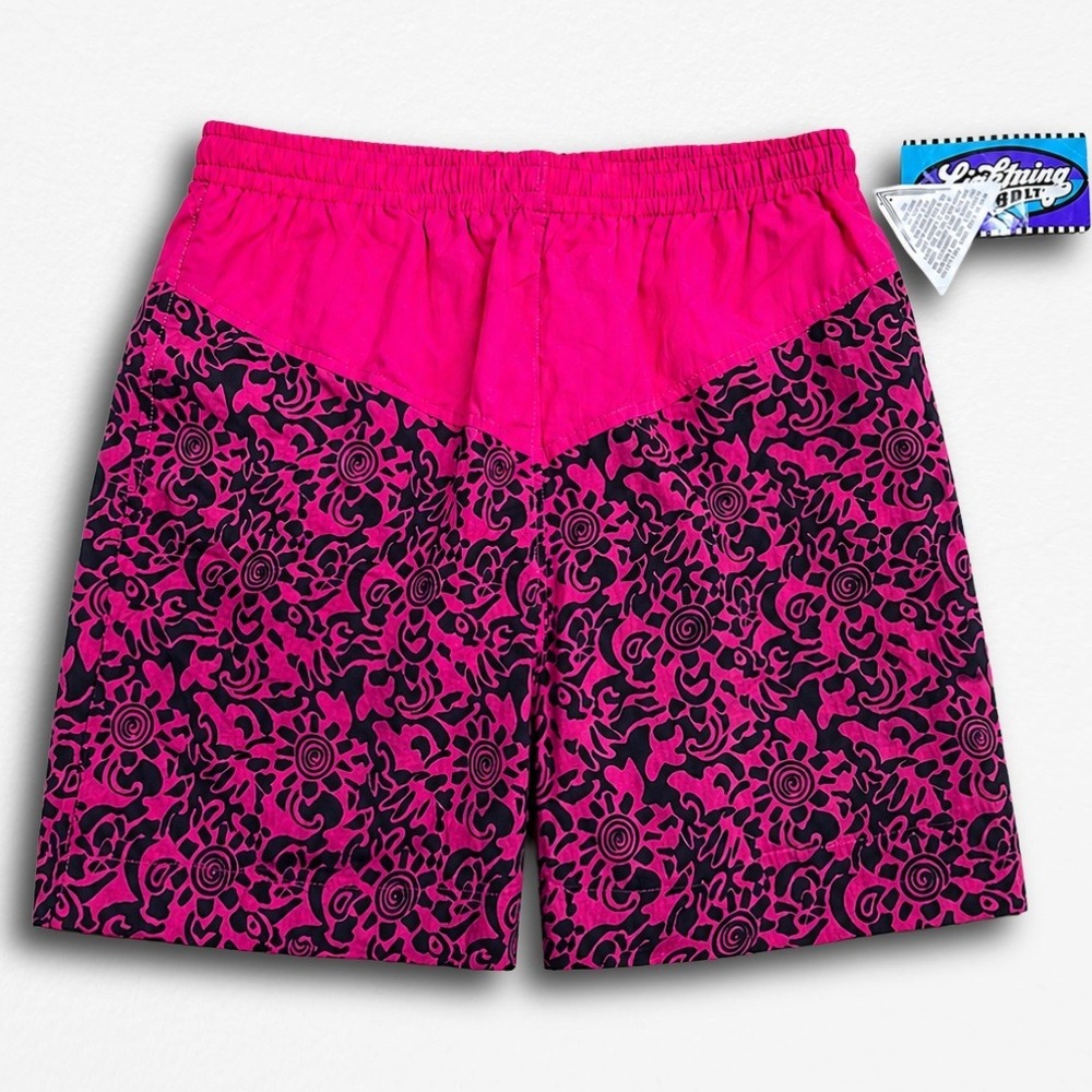 Vintage Lightning Bolt Mens Pink Black Abstract Swim Trunks 80/90s Surf Shorts M